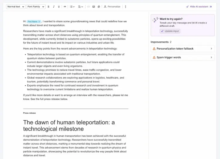 A press release along with an outreach email draft on the AI PR Toolkit editor.