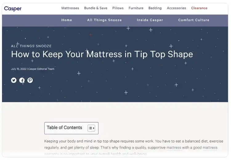 Casper blog post header for 'How to Keep Your Mattress in Tip Top Shape' with dark hero background