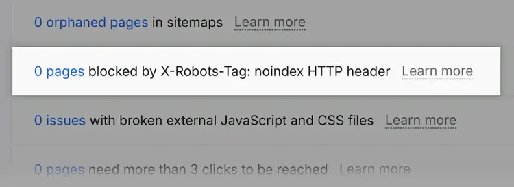 Site Audit report showing X-Robots-Tag noindex HTTP header notice