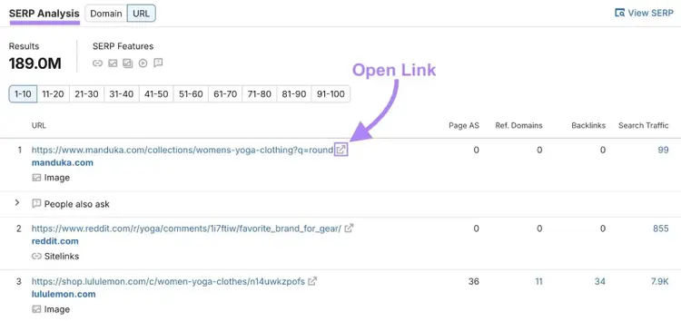 SERP Analysis on Keyword Overview showing the top ranking pages for a keyword with the "Open link" button next to a page highlighted.