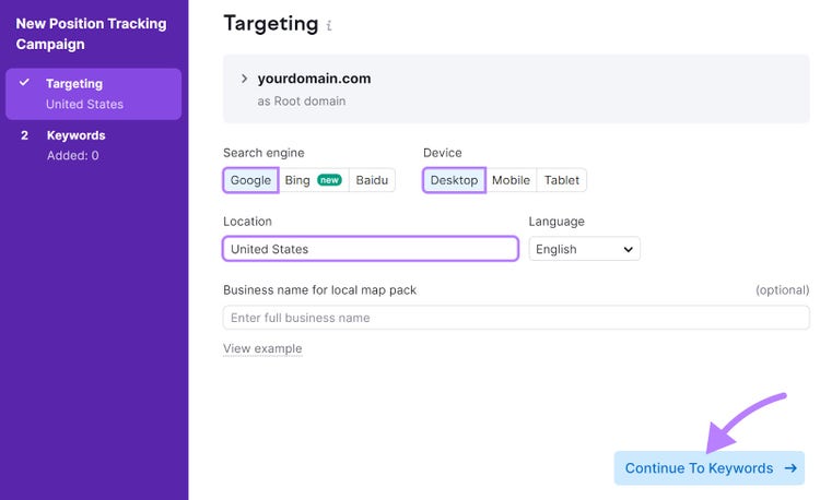 "Targeting" window in Position Tracking tool configuration settings