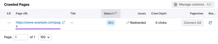 Crawled Pages report for one redirected URL