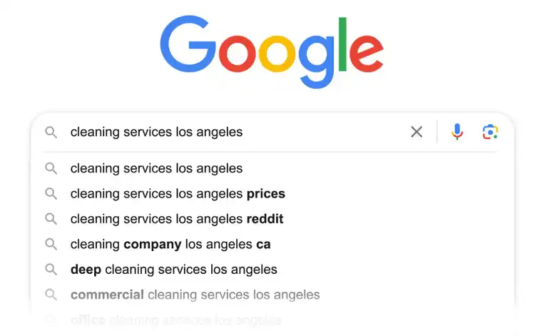 cleaning services los angeles autocompletes with more keywords like prices, reddit, deep cleaning, and more