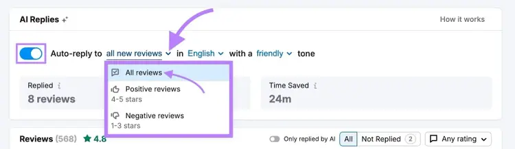AI replies on Review Management with "Auto-reply" toggled on and "All reviews" selected.