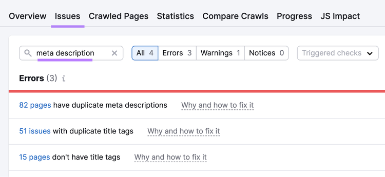 Searching for "meta description" under the "Issues" tab in Site Audit tool