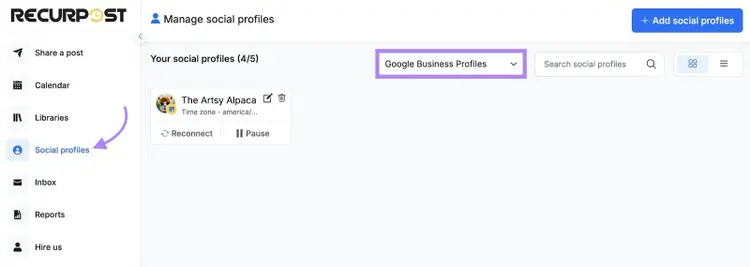 "Social profiles" tab on RecurPost with "Google Business Profiles" selected.