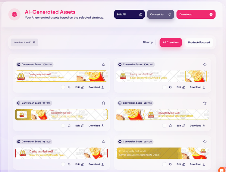 AdCreative.ai gallery displaying multiple AI-generated McDonald's ad variations with conversion scores