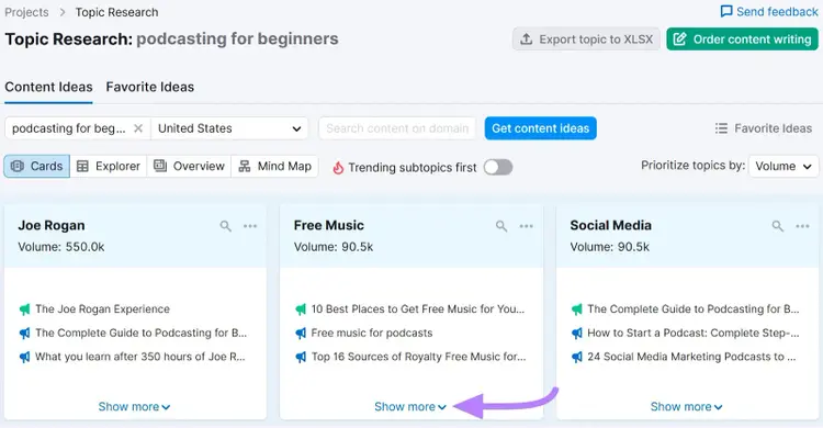Content Ideas on Topic Research with "Show more" button on a topic card clicked.