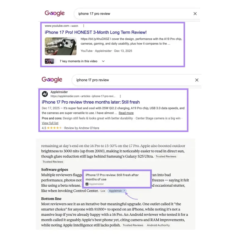 A video and written review by AppleInsider ranking on Google and also being cited on Claude.