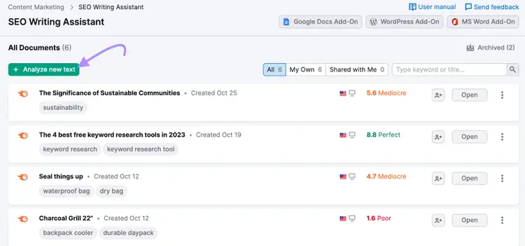 “+ Analyze new text” button highlighted under SEO Writing Assistant