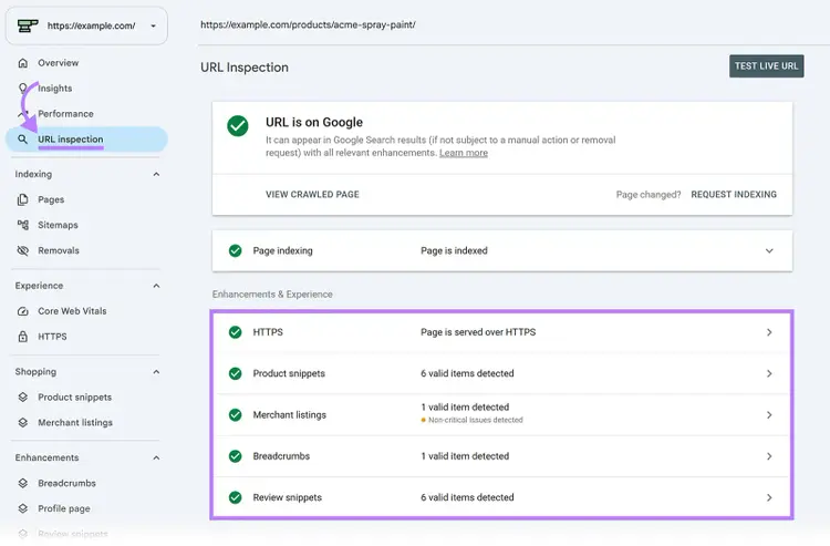 Google Search Console URL Inspection report showing valid product, merchant listing, breadcrumb, and review enhancements