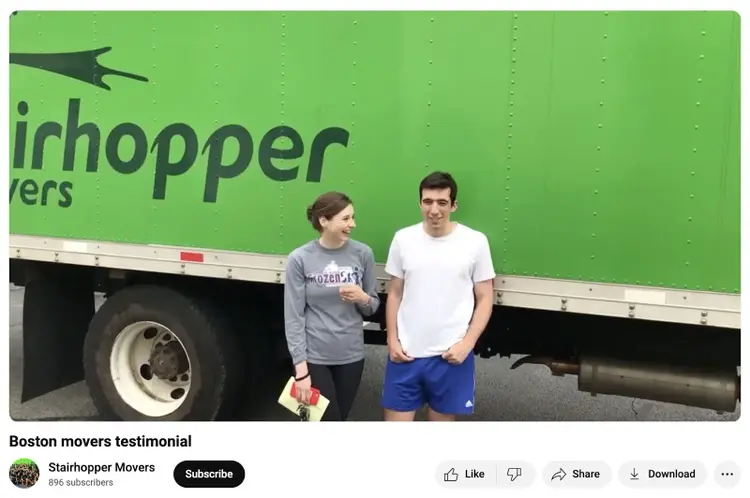 A video testimonial where customers talk about their experience using "Stairhopper Movers" posted on YouTube.