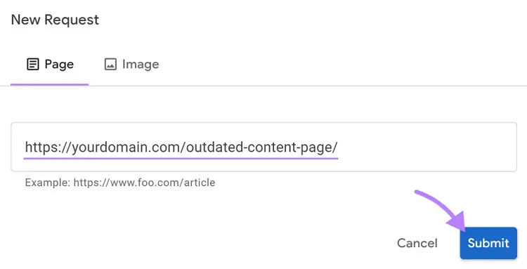 An URL entered under the "Page" tab in "New Request" window
