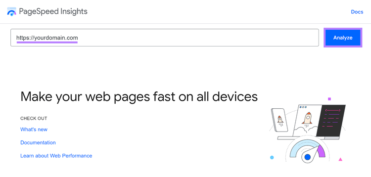 PageSpeed Insights tool start with domain entered and Analyze button highlighted.