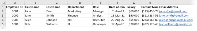 A Microsoft Excel spreadsheet used to track employee contact details