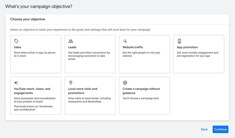 Google Ads campaign setup screen showing campaign objective options like sales, leads, and website traffic
