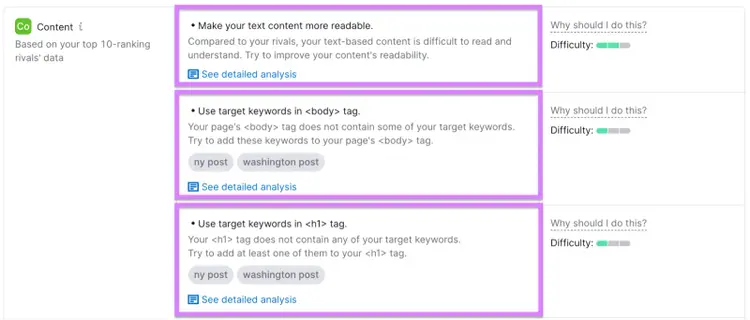 A section of "Content" suggestions in On Page SEO Checker