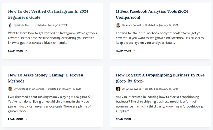 A section of featured articles on Blogging Wizard's page