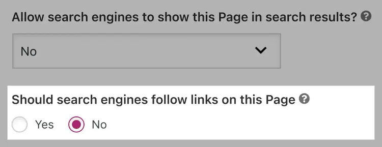 Yoast SEO robots meta tag settings with page indexing set to No and link following set to No option selected