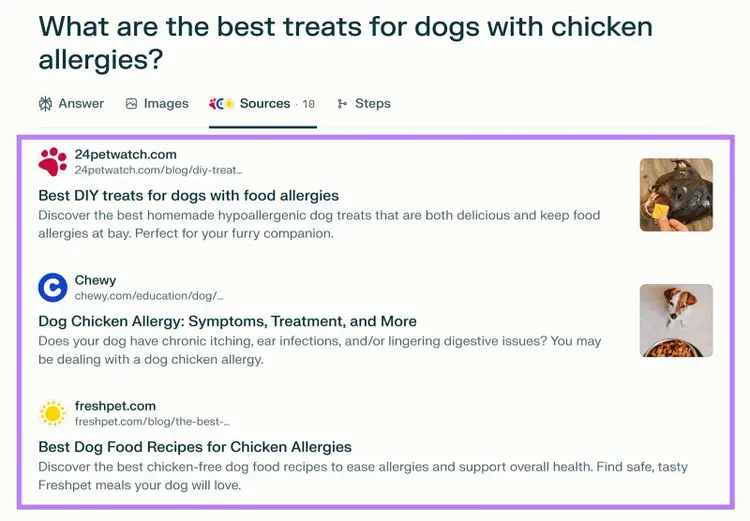 Perplexity dashboard with three highlighted sources about dog treats for dogs with chicken allergies.