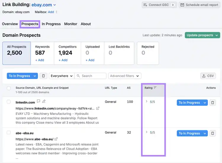 Semrush Link Building Domain Prospects showing 2,500 prospects