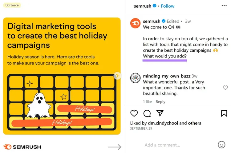 Semrush's Instagram post asking users "What would you add?"