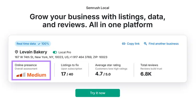 Semrush tool showing online presence score with rating details highlighted.