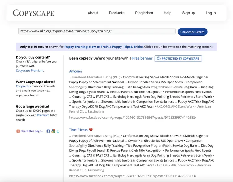 Copyscape's plagiarism checker allows you to click through the results to see the matching content.