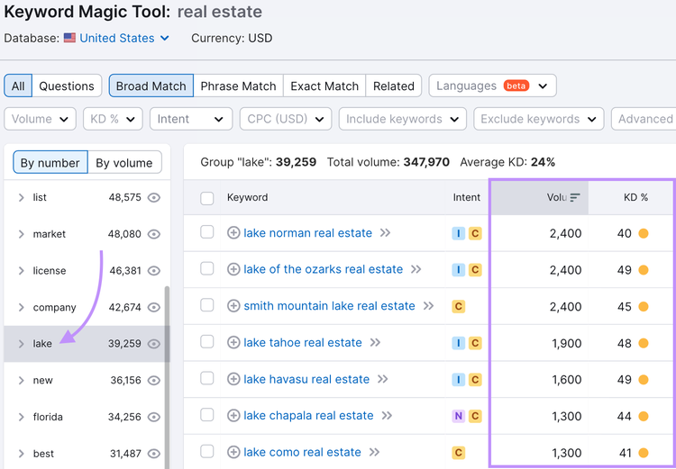 Keyword Magic Tool results for "real estate" narrowed by "lake" group