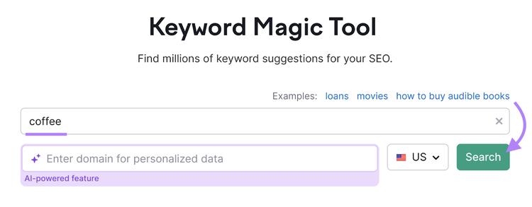 Search for coffee in keyword magic tool