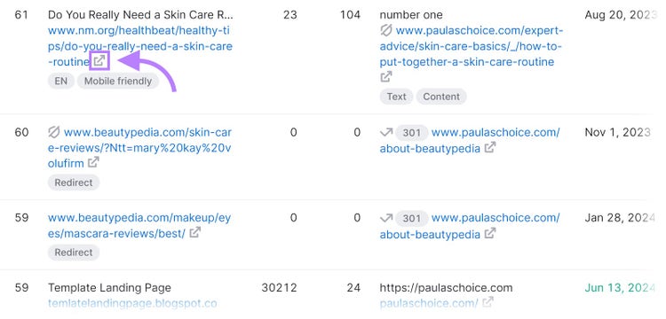 Several dofollow links shown as an example with the arrow symbol highlighted in Backlinks tool