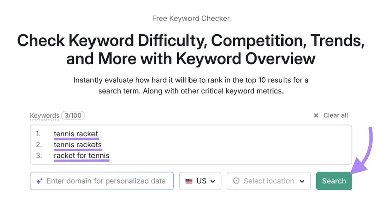 Keyword Overview tool with three seed keywords entered and "Search" clicked.