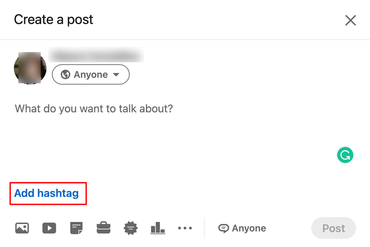 LinkedIn post composer with hashtag and audience selection options