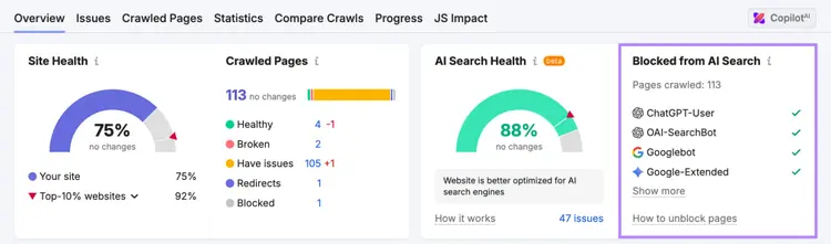 Site Audit Overview report showing that no AI crawlers are blocked.