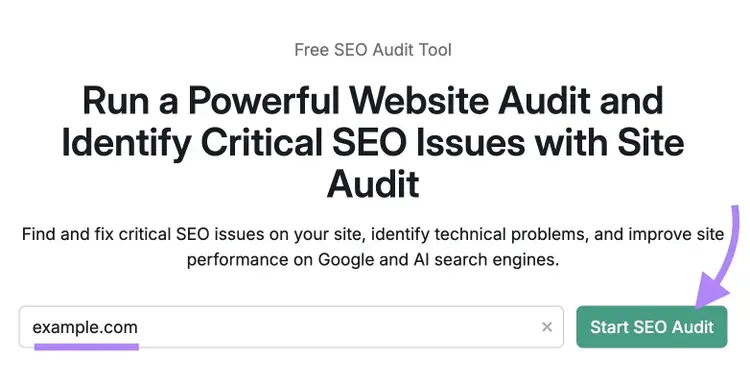 Site Audit tool start with a domain entered and "Start SEO Audit" clicked.