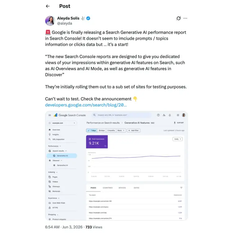 Aleyda Solís X post sharing excitement over the new AI reports in Search Console.