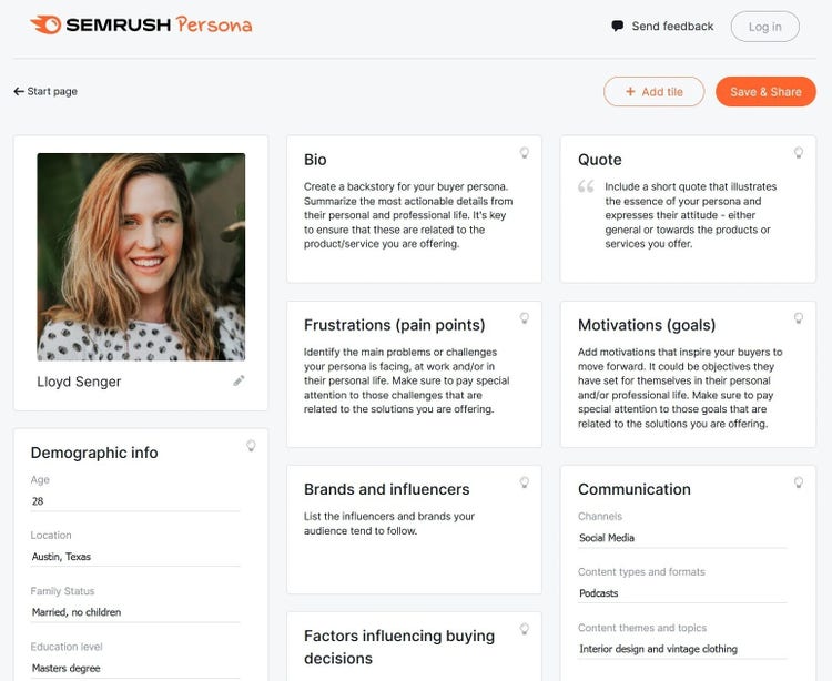 example of buyer persona in Semrush Persona tool