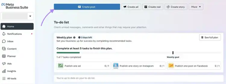 "Create post" from the “Home” tab highlighted on the Meta Business Suite.