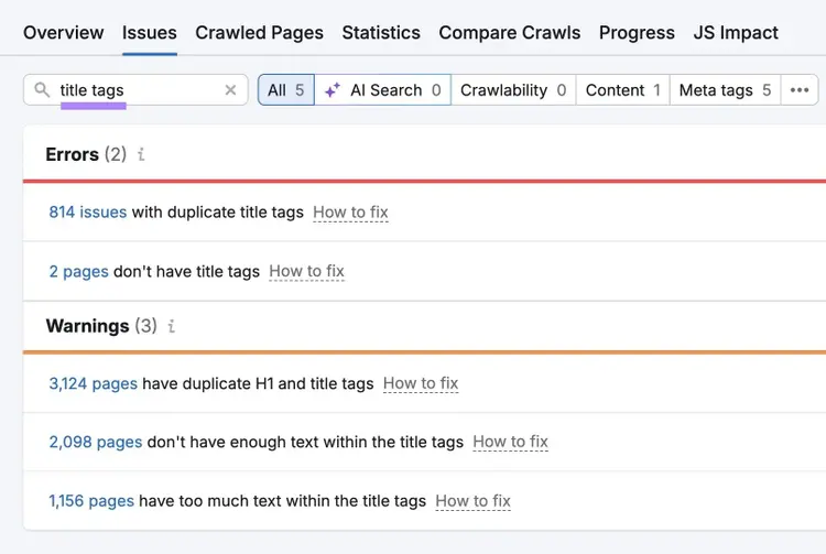The "Issues" tab on Site Audit with "title tags" entered showing a list of related errors and warnings.