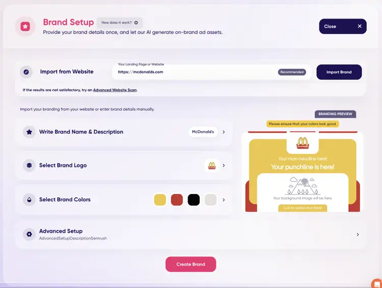 AdCreative.ai Brand Setup screen showing website import field