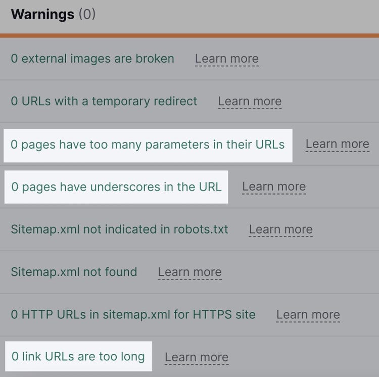 "Warnings" on Site Audit like too many parameters, have underscores in the URL, etc. highlighted
