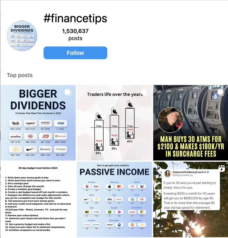 #FinanceTips page on Instagram