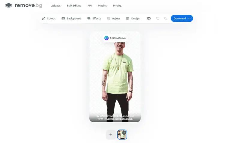 remove.bg interface showing a person with the background automatically removed.