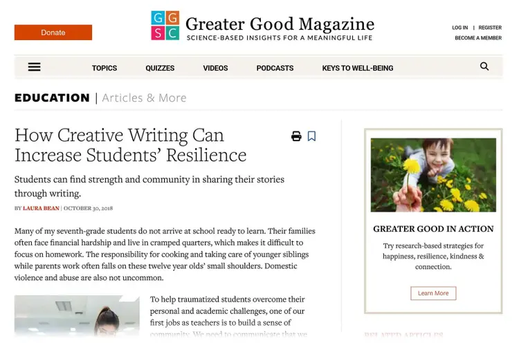 Greater Good Magazine’s article “How Creative Writing Can Increase Students’ Resilience”