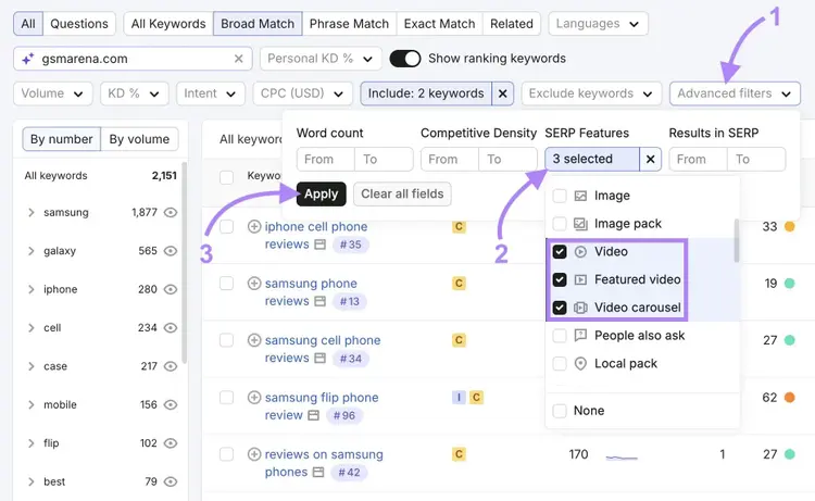 Applying a filter on the Keyword Magic Tool to only show terms that trigger video results on the SERP.