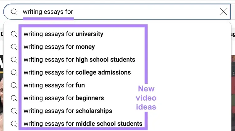 The YouTube search bar with "writing essays for" entered with a list of autocomplete suggestions appearing below.