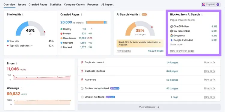 Semrush's Site Audit tool flags any issues you have with blocking AI crawlers.
