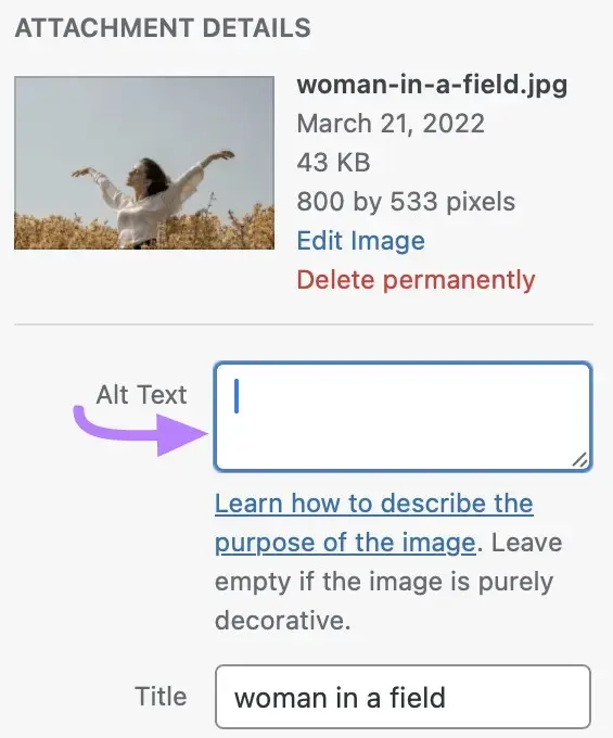 The Alt Text input box for an image on WordPress appearing between the image and the image title.