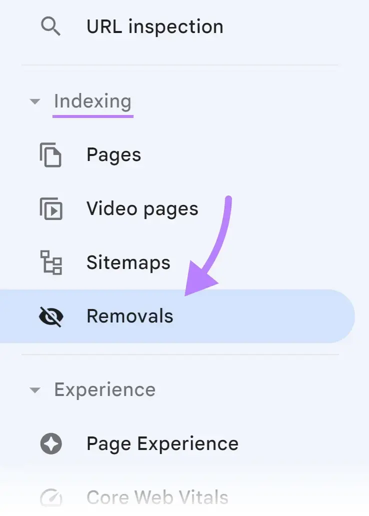 "Removals" selected from Google Search Console menu