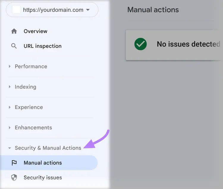 Google Search Console sidebar with "Manual actions" selected from the "Security & Manual Actions" dropdown.